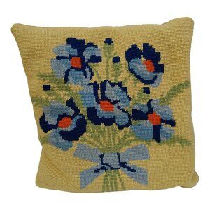 Mid-Century Vintage Blue and Yellow Floral Needlepoint Pillow